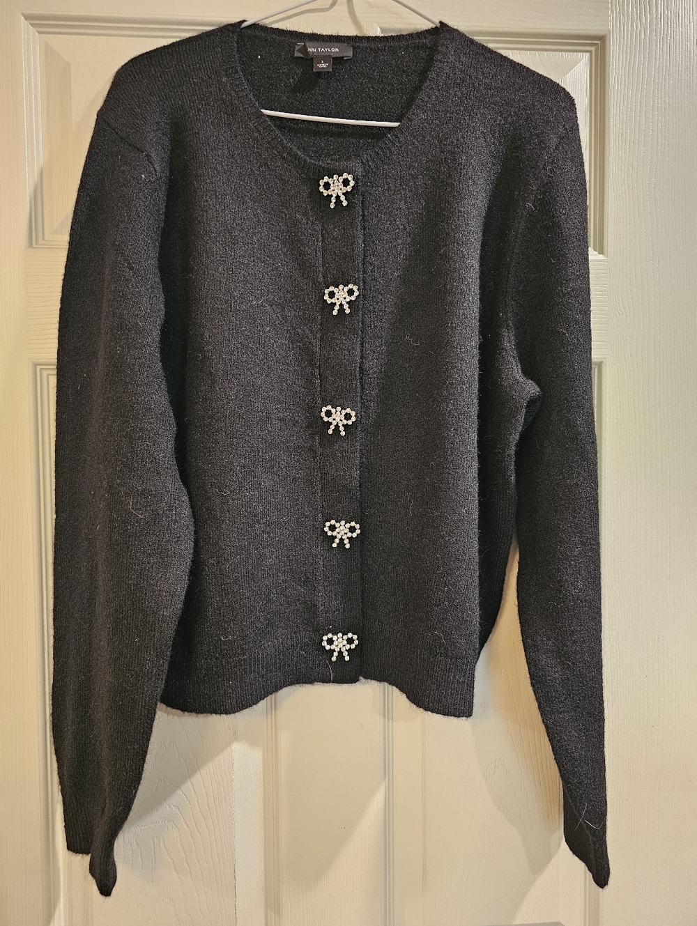 Ann Taylor Black Knit Cardigan with Pearl Bow Buttons
